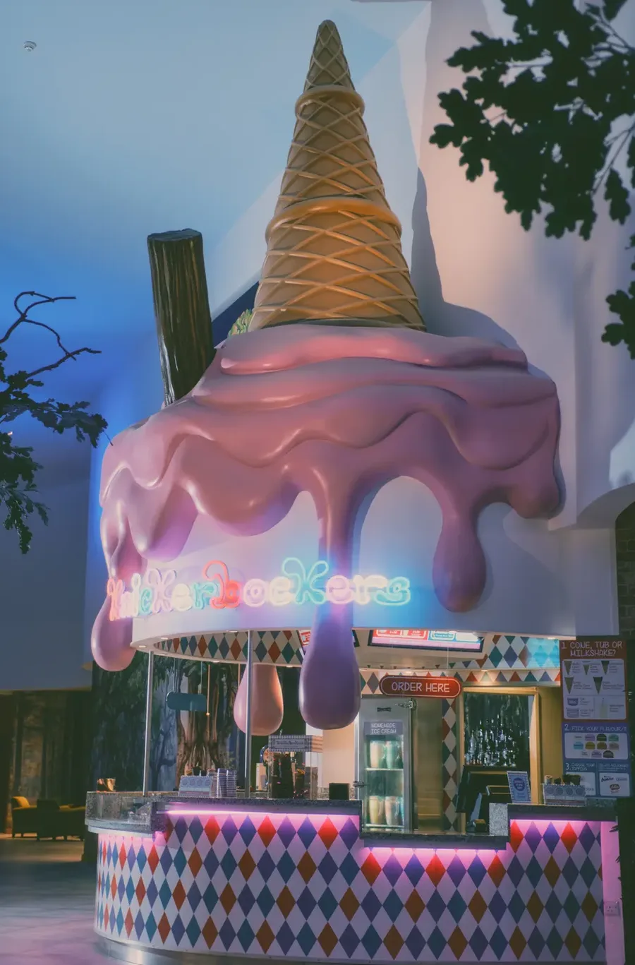The finished Knickerbockers ice cream cone above the counter