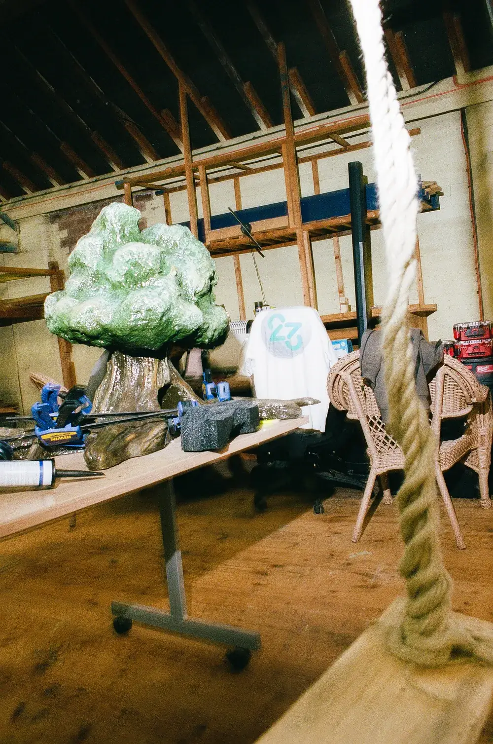 A themed tree prop taking shape on the workshop bench