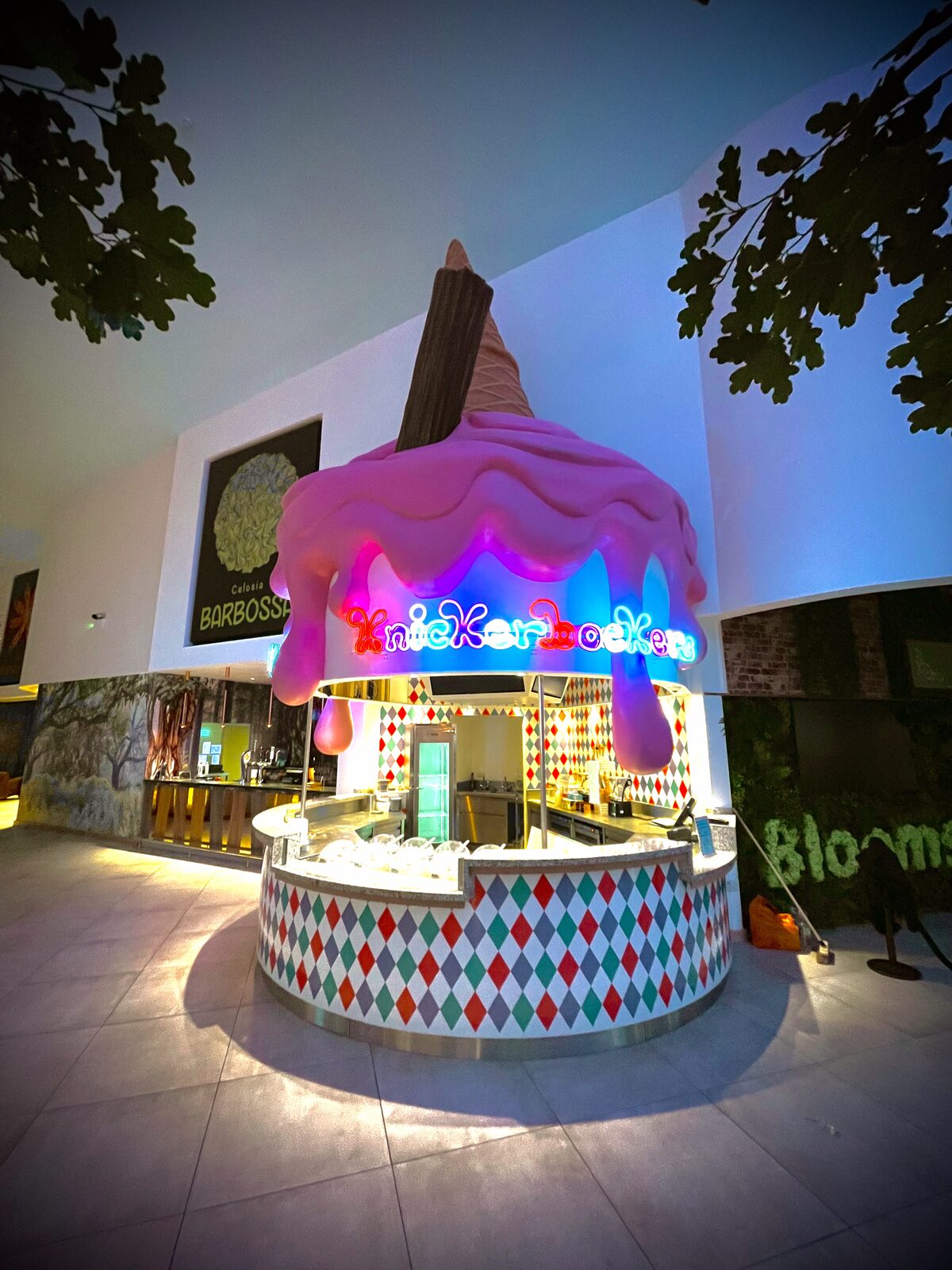 Finished installation — giant melting ice cream cone landmark at the Flower Bowl entertainment centre